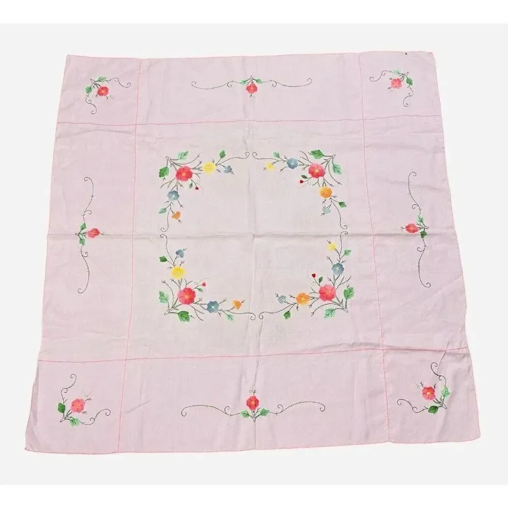 Vintage Handmade Pink Square Embroidered Floral Tablecloth 42 x 41 Appliqué Cute